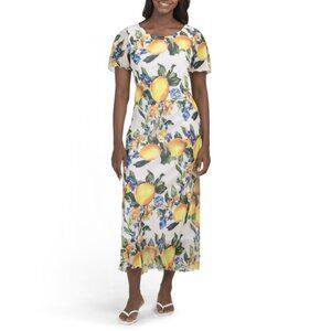 ISAAC MIZRAHI NEW YORK Usa Flutter Sleeve Lemon Print Chiffon Maxi Dress